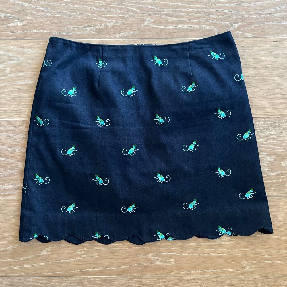 Lilly Pulitzer White Label Scalloped Hem Embroidered Monkey Skirt Navy Blue Sz 8